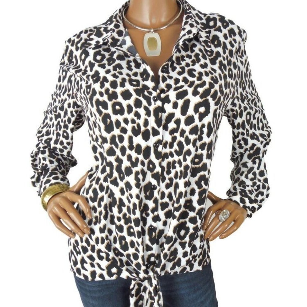 susan graver button down silky top NWOT leopard print size 24W black white